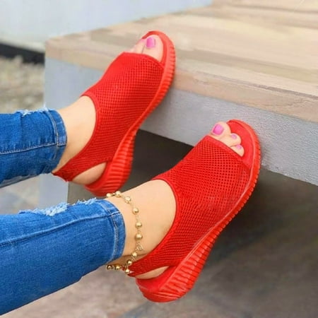 

Egmy Summer Flying Woven Breathable Solid Color Sandals Fish Mouth Flat Heel