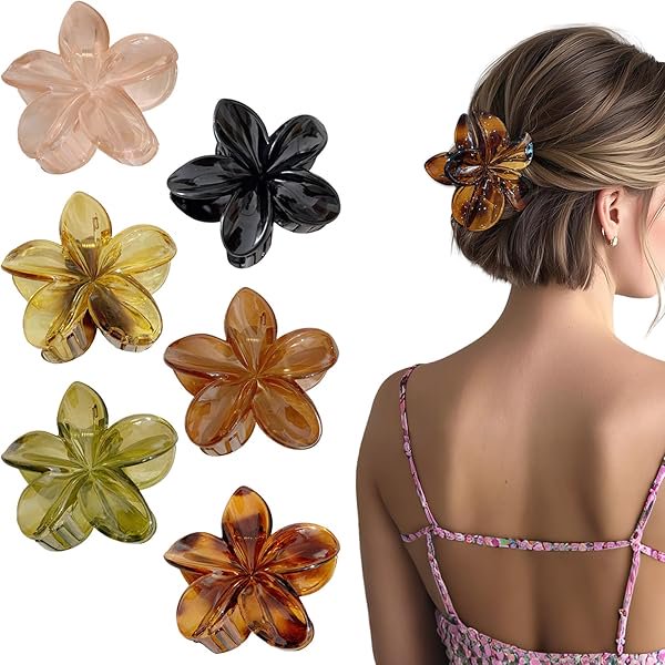 wonima44 2.95" Neutral Color Hawaiian Flower Hair Clips for Women, 6 Pcs Cute Large Hibiscus Floral Claw Clips, Hawaiian Claw Accessories for Thin and Thick Hair