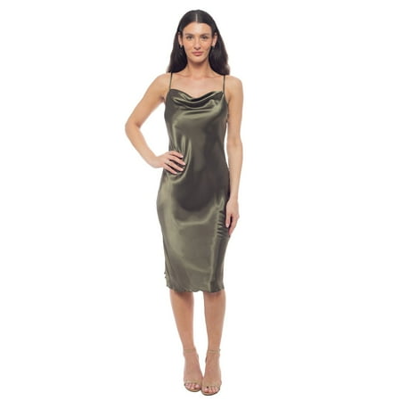 Women's bebe Satin Midi Slip Dress Color: Olive Size: MEDIUM