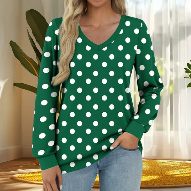 Heisall Womens Tops Long Sleeve V-Neck Loose Casual Tshirts Polka Dot Print Spring Autumn Fashion