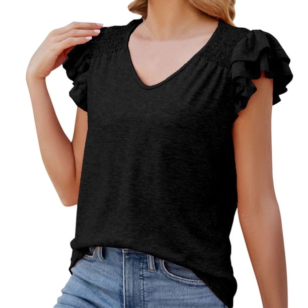 Gibobby Camiseta de manga corta para mujer Top verano para mujer, camiseta holgada informal manga corta plisada con cuello en V Color sólido, camiseta con man(Negro,XL)