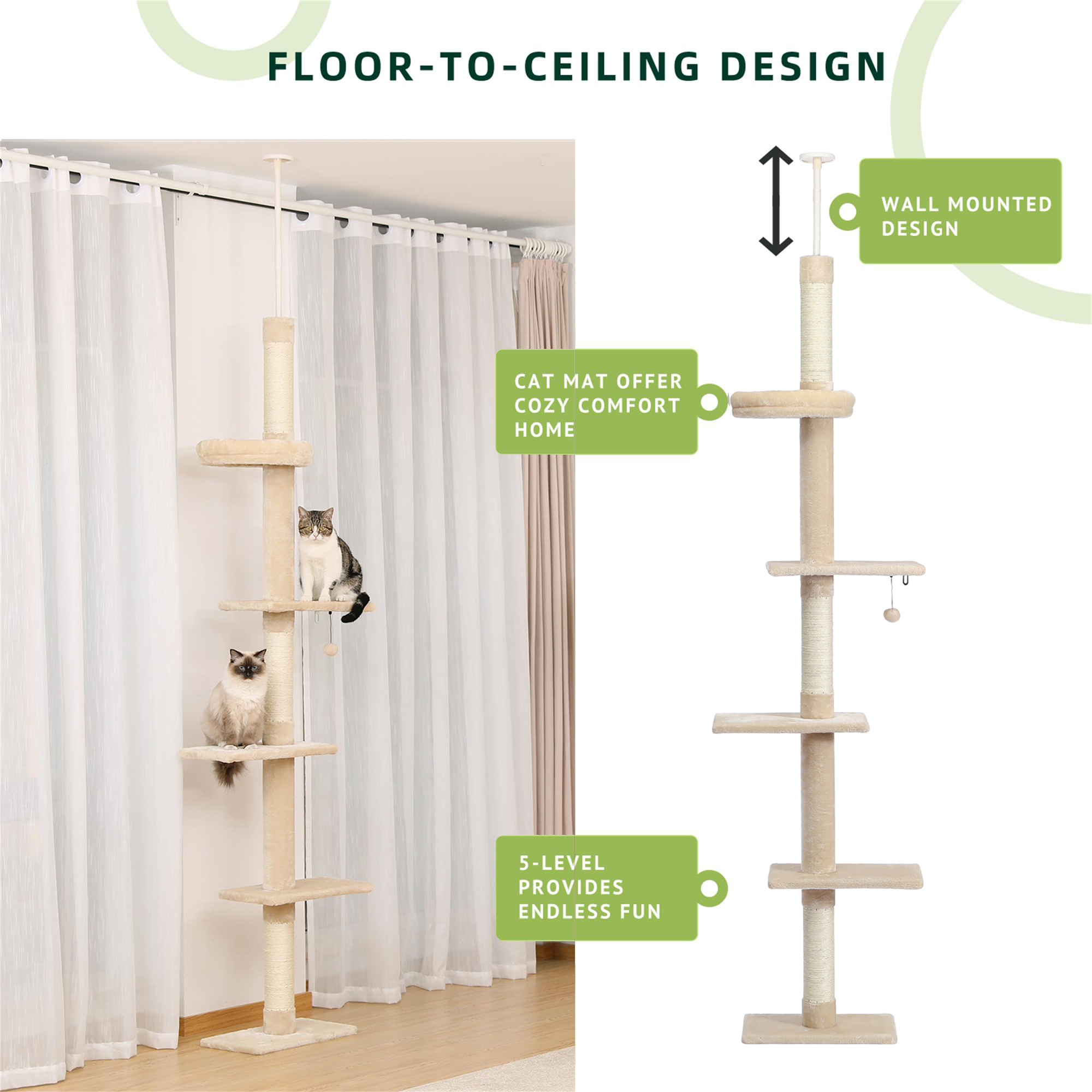 Pefilos Cat Tree Tower Interactive Adjustable 90"-108" Tall, 5-Tier Floor to Ceiling Cat Tower for Indoor Cats, Beige