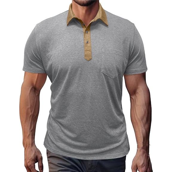 Fnnxeal Mens Casual Slim Fit Polo Shirt Short Sleeve Nylon Spandex Breathable Stretch Contrast Collar Everyday Wear Gray,Size 2XL
