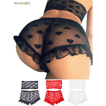 

BadPiggies Womens Lace Sexy Lingerie Nightwear 2-Piece Panty Underwear Set Heart Shape Print Babydoll Sleepwear (XL Black)