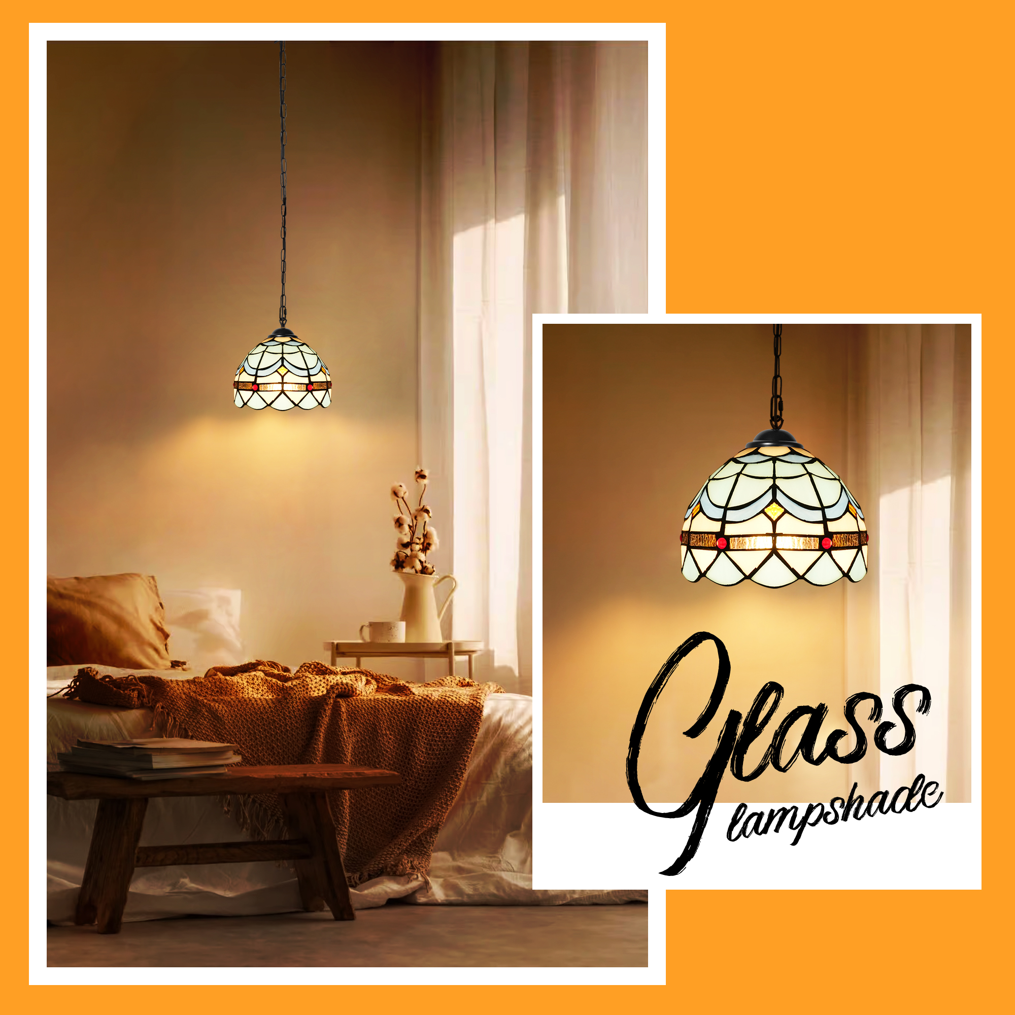 Hlite Tiffany Plug in Pendant Light with Cord,Mini Blue Stained Glass Shade(8.1in),Dimmable Swag Hanging Ceiling Light Fixtures for Loft Staircase,Bulb Not Included
