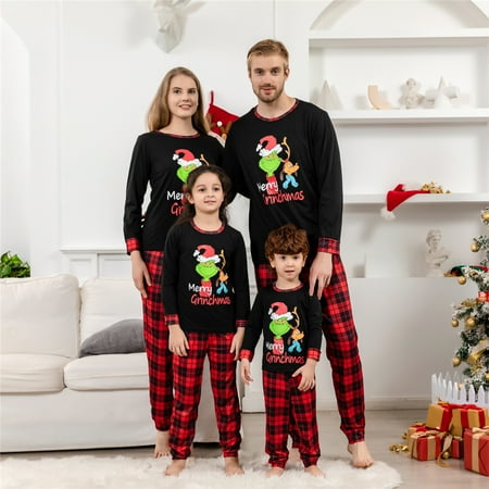 

Pajamas Family Cute Printed Matching Pjs Set Holiday Top + Plaid Pants for Couples Youth