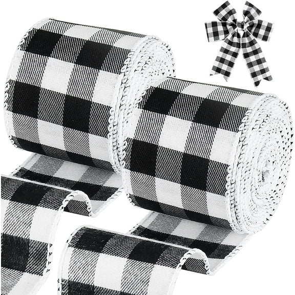 Yoyauz 2 Rolls Wired Edge Ribbons, 5 Yards x 1 Inches Black Red Plaid Ribbon, Black White Buffalo Plaid Ribbon and Burlap Craft Ribbon for DIY Gift Wrapping, Christmas Fall Crafts Decoration