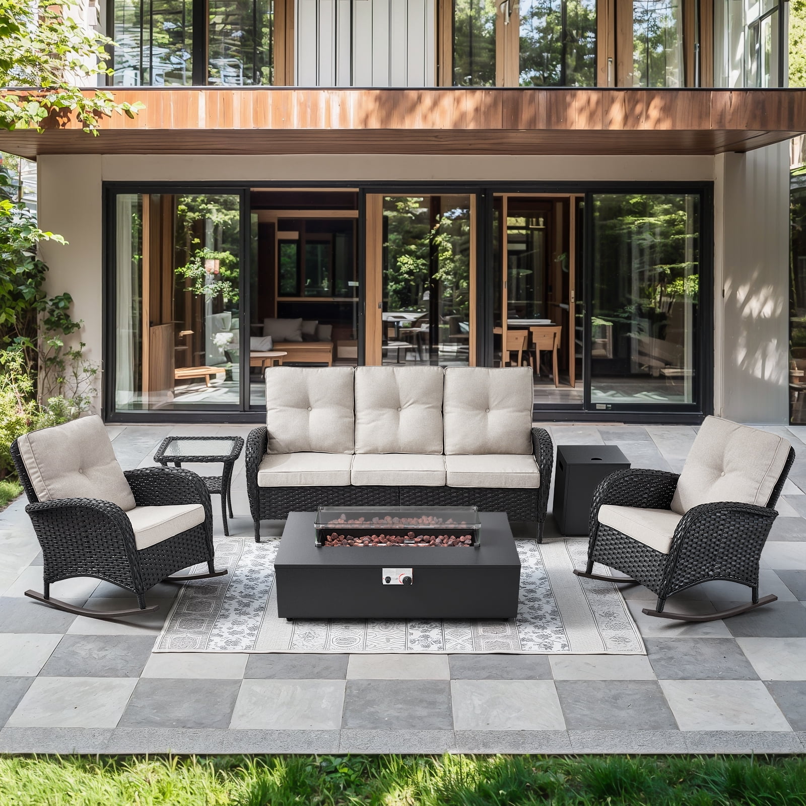 POCASSY 5 Pieces Black Wicker Outdoor Furniture Set, High Back Outdoor Conversation Set with Patio Rocking Chairs and External Propane Tank Firepit