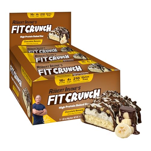 Barras de proteína del tamaño de un refrigerio FITCRUNCH, barra horneada de 6 capas, 4 g de azúcar, núcleo de pastel suave y sin gluten (9 barras, plátano y chocolate)