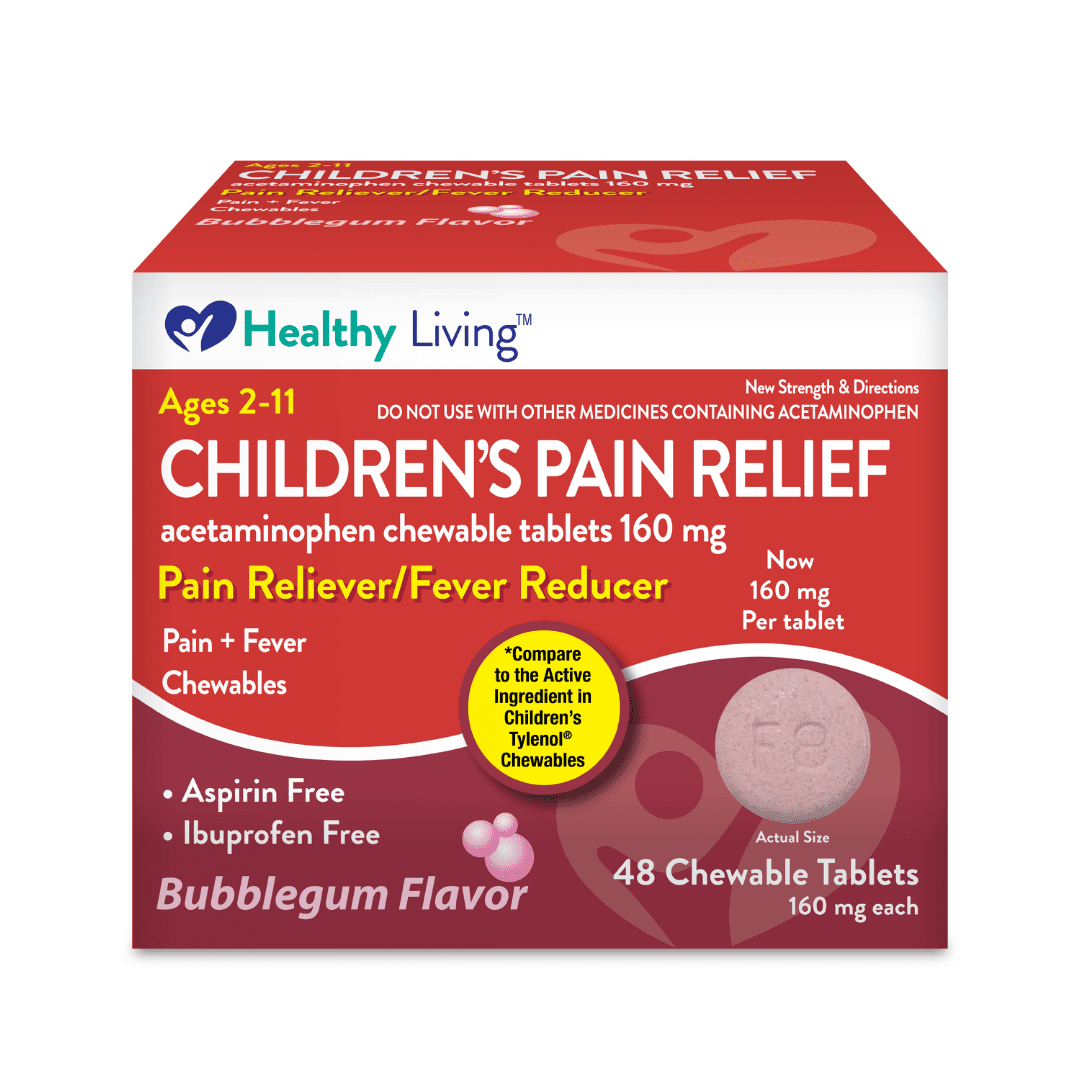 Healthy Living Children's Pain Reliever & Fever Reducer Acetaminophen Chewable Tablets, Bubblegum, 48 Count