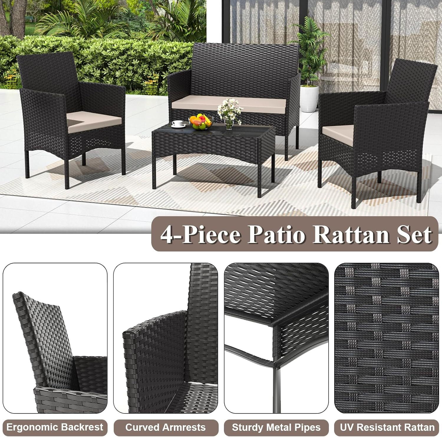 ASJMR 4 Pieces Outdoor Patio Furniture Sets Conversation Sets Rattan Chair Wicker Sets with Cushions & Tempered Glass Table for Patio Pool Backyard,Brown