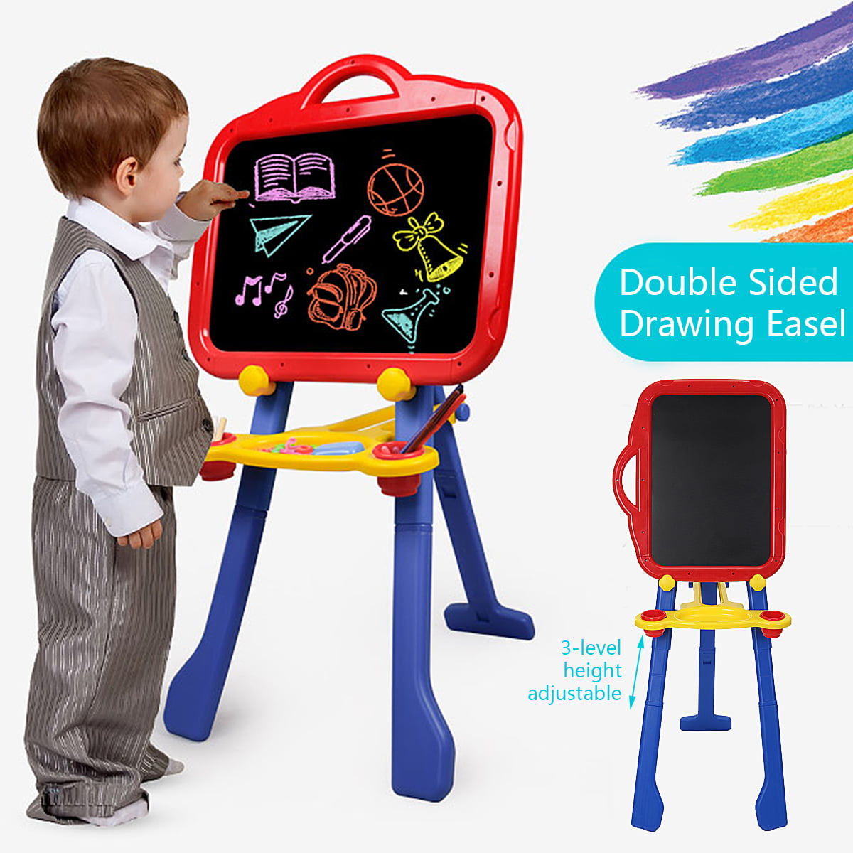 Wood, Fit for 2-12 Years Old Whiteboard Gimilife Deluxe Easel for Kids G-AE-02 and Storage Bins or Tray Folding Wooden Art Easel with Chalkboard Standing Easel with Magnetic Letters for Early Education