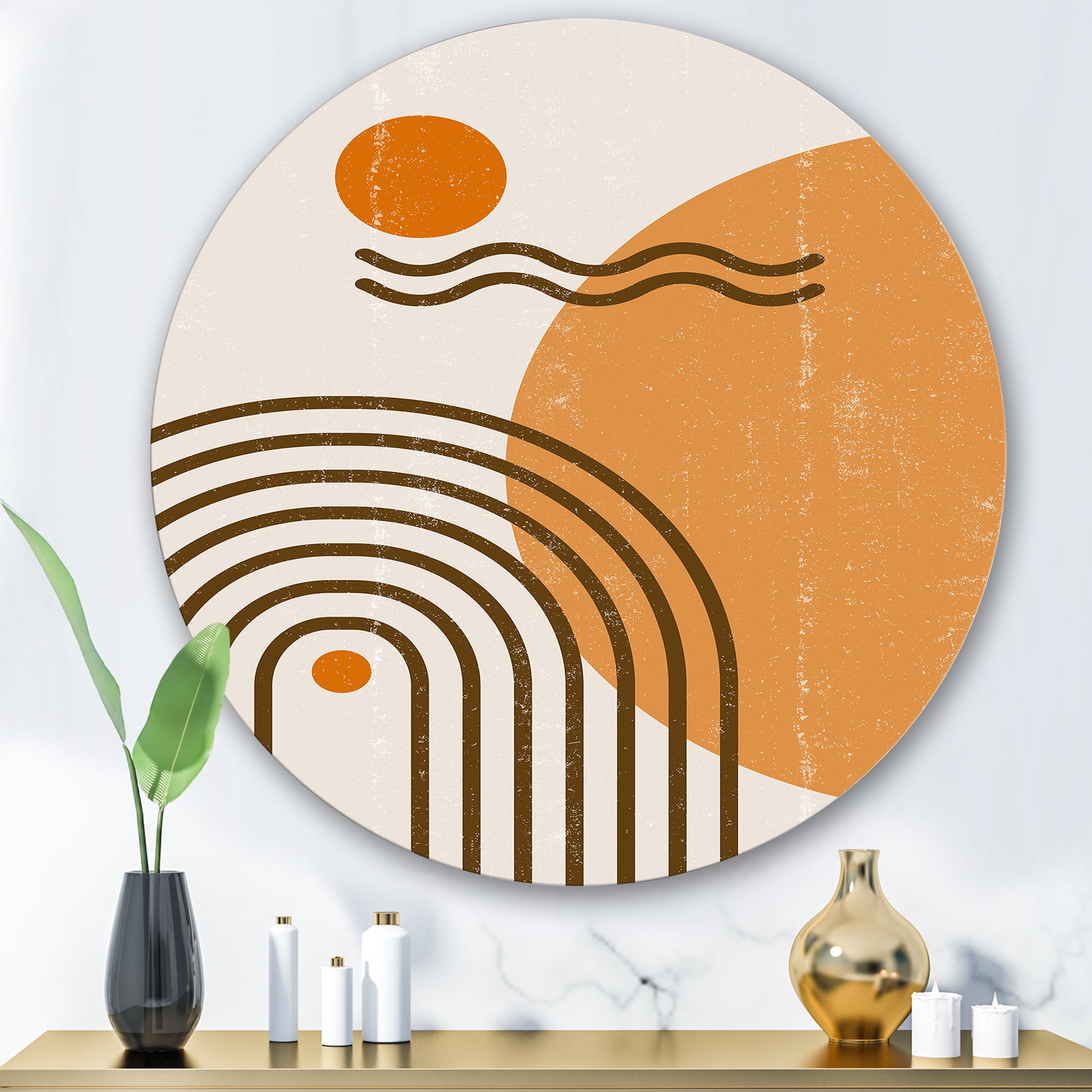 Designart 'Abstract Rainbow Moon and Sun In Earth Tones II' Modern Circle Metal Wall Art 36x36 - Disc of 36
