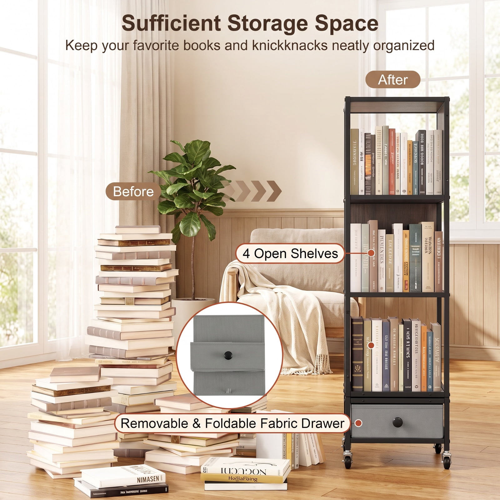 Furnibear 4-Tier Rotating Bookshelf on Wheels with Removable Drawer for Living Room Home Office Bedroom Display Storage Shelf, Gray