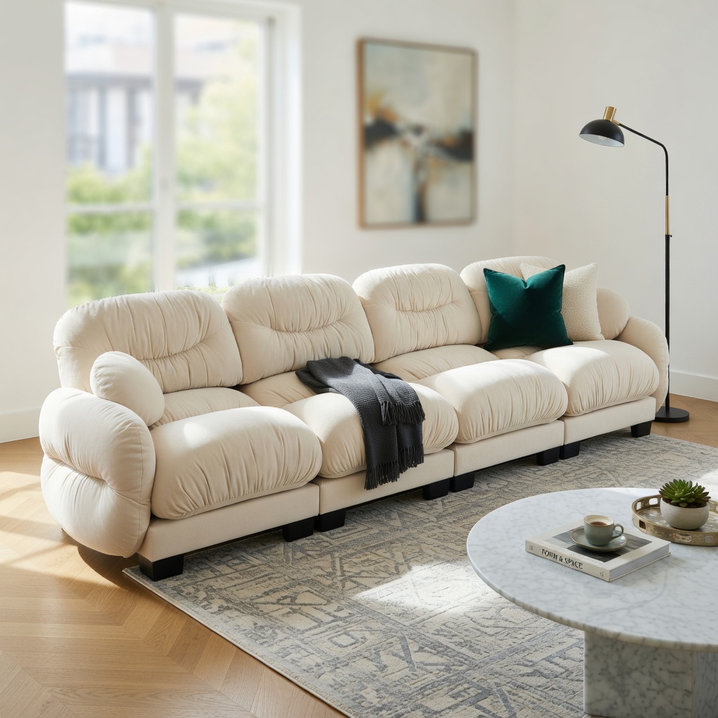 Hommoo Chenille 4-Seat Modular Sofa with Pleated Back, Ergonomic High-Density Foam Cushions & Curved Armrests, Includes 2 Round Throw Pillows, Beige