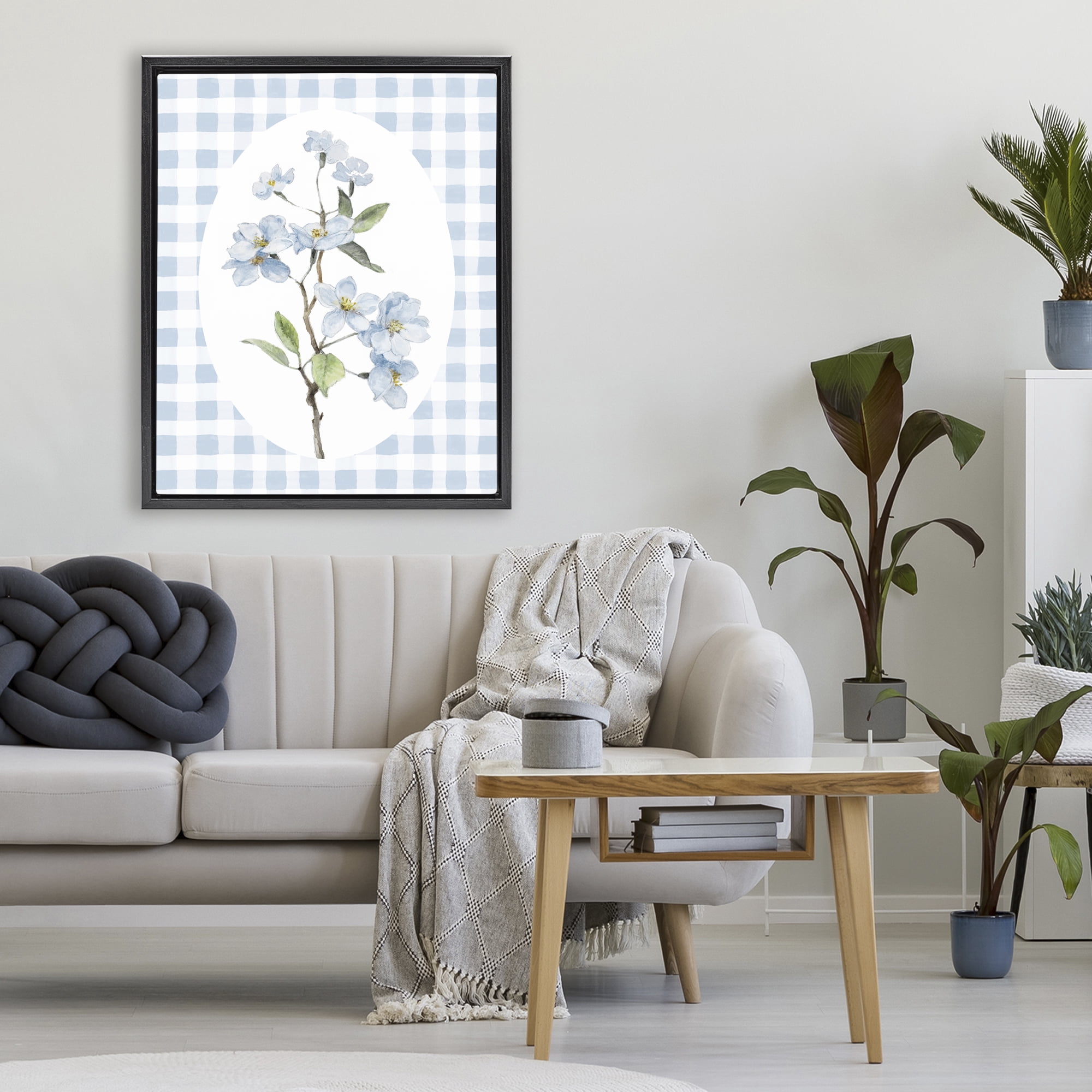 Stupell Industries Blooms on Blue Checkers Black Framed Floater Canvas Wall Art, design by Lanie Loreth