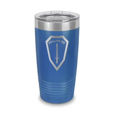 

Fort Benning Follow Me Tumbler 20 oz - Laser Engraved w/ Clear Lid - Stainless Steel - Vacuum Insulated - Double Walled - Travel Mug - one force one fight moore - Blue