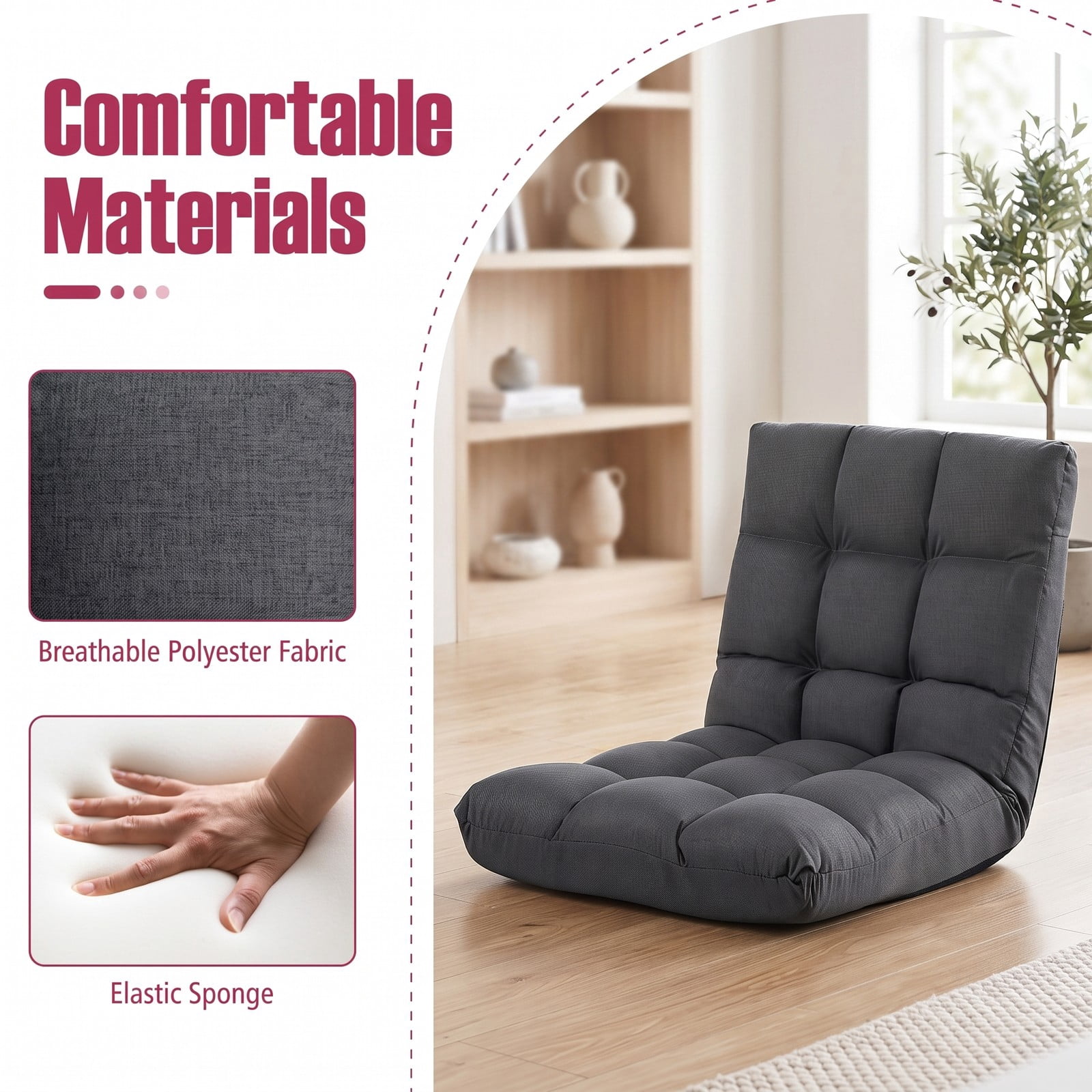 Furnibear 14-Position Adjustable Folding Floor Gaming Sofa Chair, Padded Lazy Recliner Lounger with Steel Frame and Cotton Linen Fabric for Living Room Bedroom, Gray