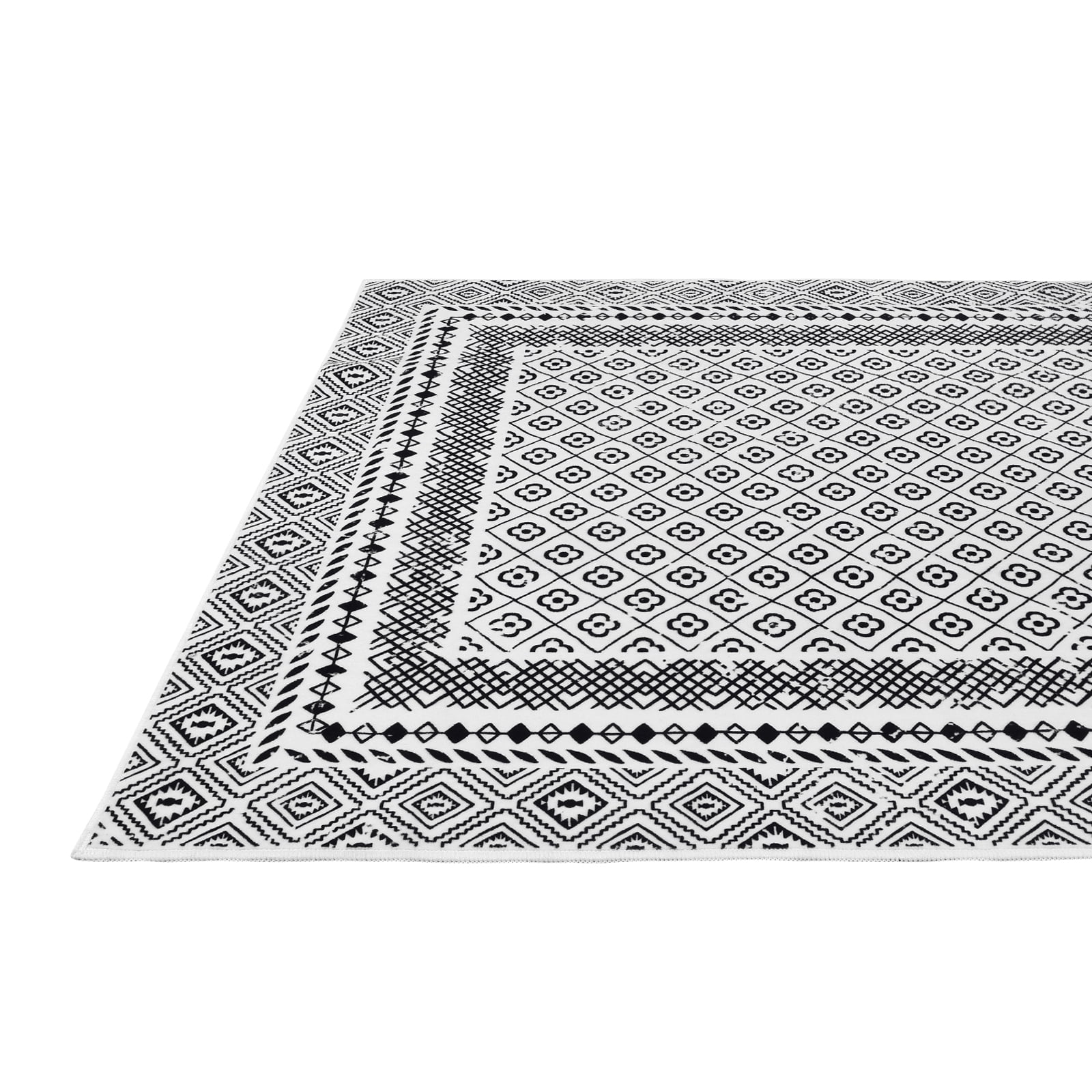 MeyJey 9'x12' Boho Floral Large Area Rug, Machine Washable Vintage Throw Rug, Non-Slip Stain Resistant Oriental Traditional Carpet for Living Room Bedroom Dining Room Office, White/Black