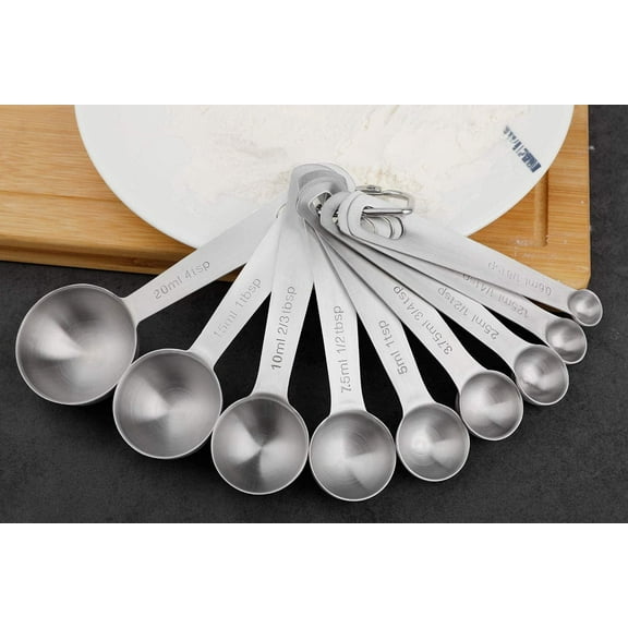Measuring Spoons: 18/8 Stainless Steel Measuring Spoons Set of 9 Piece: 1/16 tsp, 1/8 tsp, 1/4 tsp, 1/3 tsp, 1/2 tsp, 3/4 tsp, 1 tsp, 1/2 tbsp & 1 tbsp Dry and Liquid Ingredients