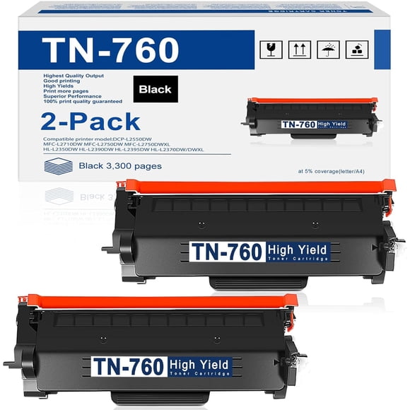 TN-760 TN760 Toner Cartridge with Chip 2 Pack High Yield Replacement for TN760 TN730 TN 760 TN-730 DCP-L2550DW MFC-L2710DW MFC-L2750DW HL-L