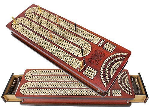 House of Cribbage Bloodwood / Maple Wood Push Drawer Storage for Pegs and 1 Deck of Cards with Score Marking Fields for Won Games Round Shape 3 Track Non-Continuous Cribbage Board