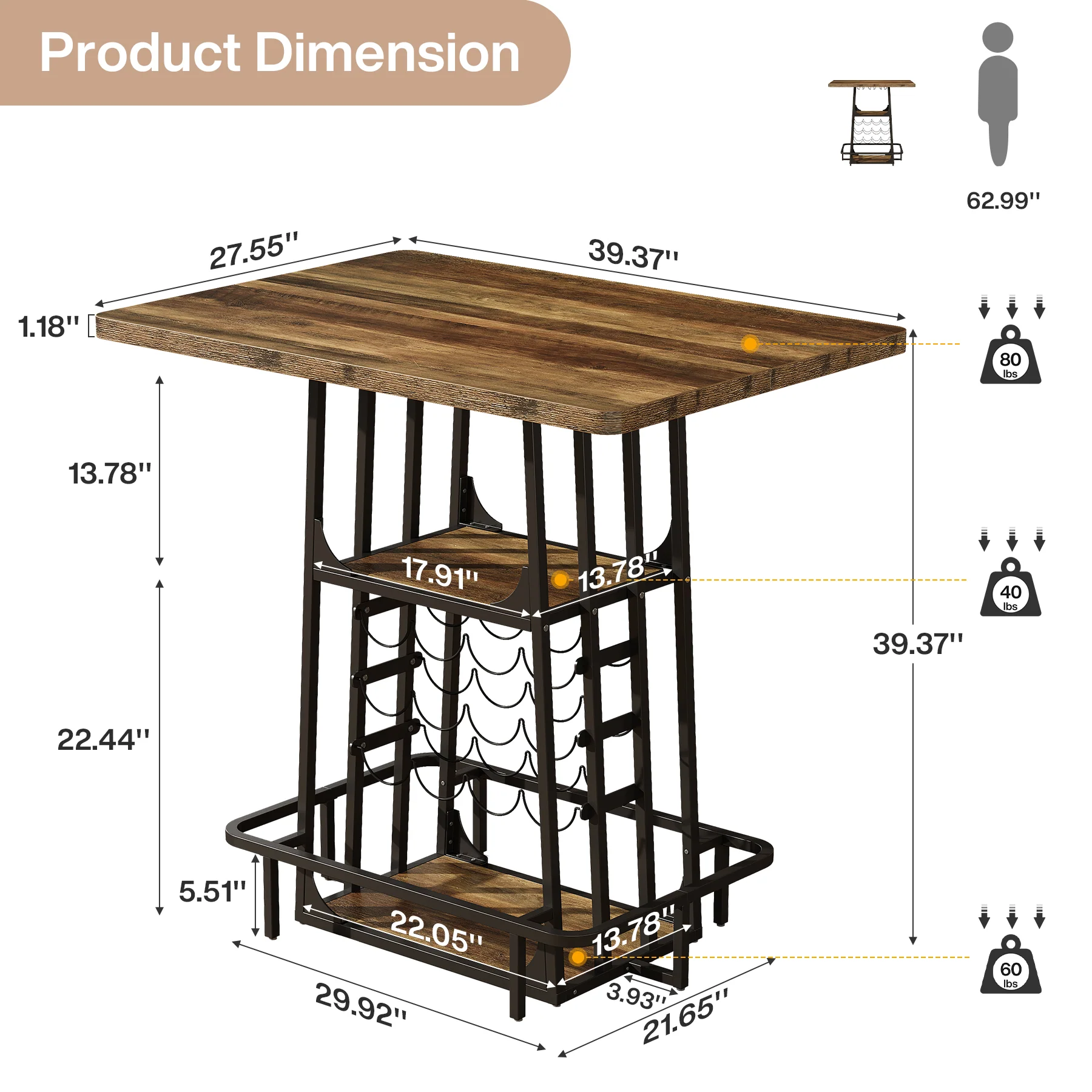 Hommoo 39.4 Inch Industrial Bar Table with 3-Tier Storage, Wine Rack, Glass Holder, Built-in Footrest, Counter Height Pub Table for Home Bar, Coffee Station or Standing Desk, Rustic Brown