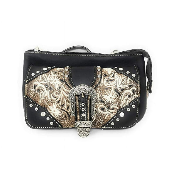 Western Rhinestone Embroidery Laser Cut Buckle Floral Wallet Crossbody 4 in 1 Clutch Bag Purse