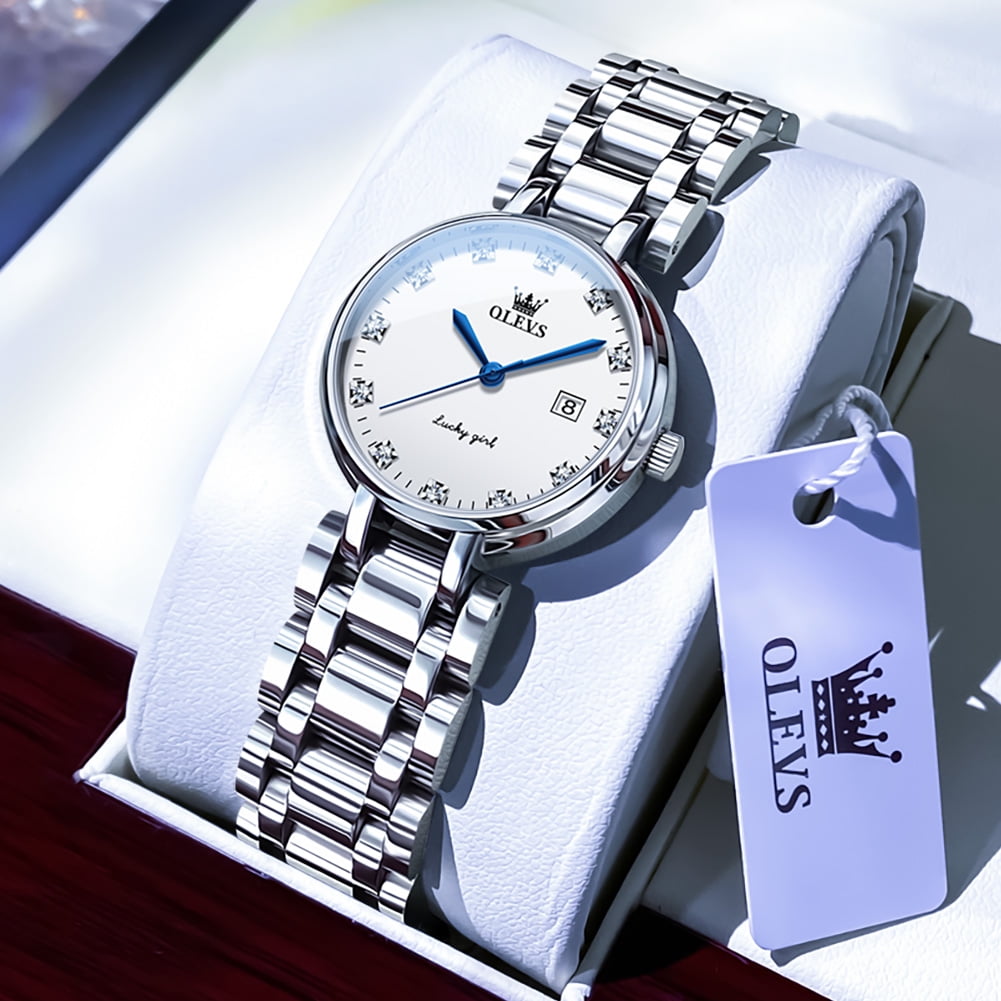 OLEVS Watches for Womens Analog Quartz Silver Strap Fashions Classic Dress Stainless Steel Date Waterproof Casual Ladies Watches Gift Womens Wrist Watches Reloj Para Mujer White/Pink/Purple