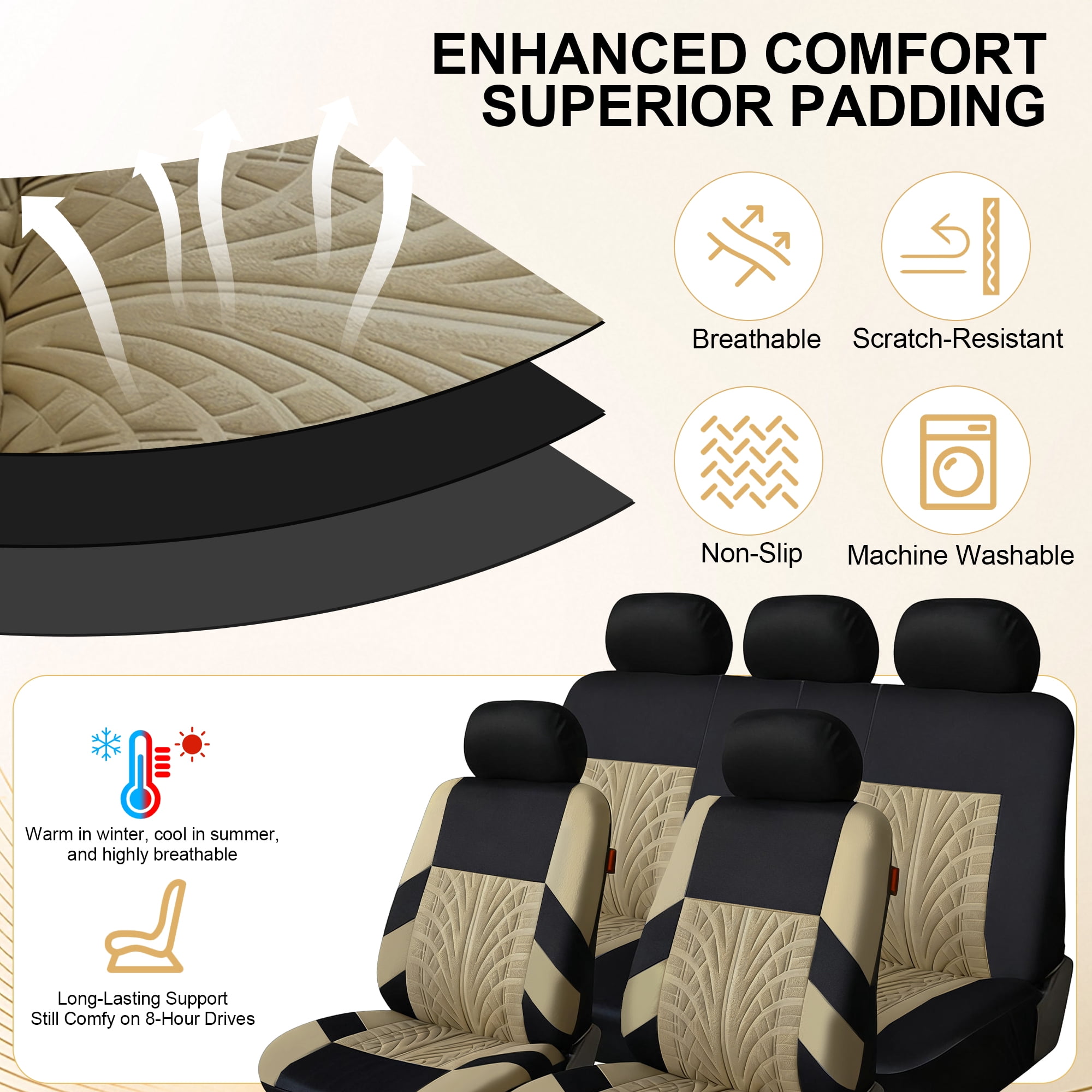 FLORAY 9-Piece Car Seat Covers Full Set - Airbag Safe, Thickened Quilted Cloth, Machine Washable - Universal Fit for Cars, SUVs & Trucks (Solid Rear Bench), Beige