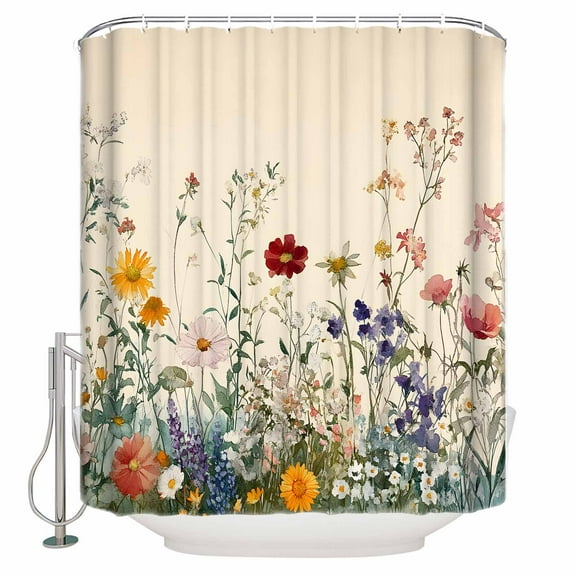 Small Stall Shower Curtain 36x72 Inch Narrow Half Size Spring Floral Bath Curtains Bathroom Decor Beige Watercolor Botanical Waterproof Fabric Shower Curtain Set with Hooks 36 Inch