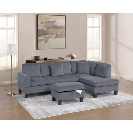 3-Piece Sectional w Storage Ottoman Dark Gray Corduroy Fabric Upholstered RAF Chaise LAF Sofa Lounge Sectionals Living Room