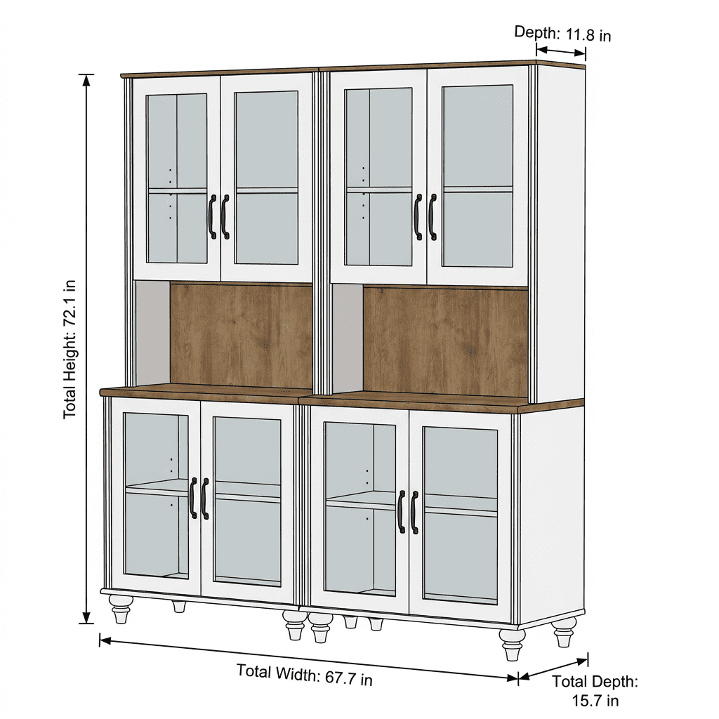 Sideboard Buffet Cabinet with Storage, 5-Tier Bookcase with Glass Doors and Adjustable Shelf, Large Library Wooden Bookshelves for Living Room, Study Room, Kitchen, White, 72" H