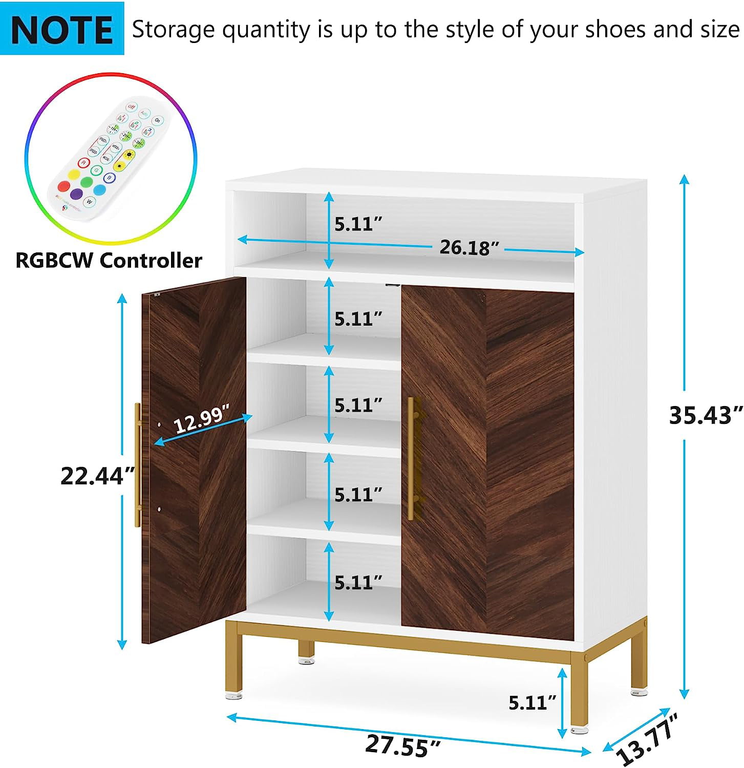 BYBLIGHT Lauren Brown Shoe Cabinet with Doors and Shelves, 16 Pairs Entryway Shoe Storage Cabinet with LED Light, Shoe Rack