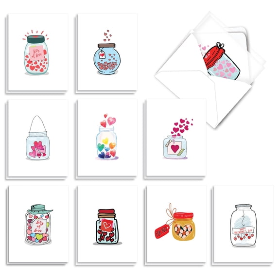 The Best Card Company 20 Assorted Valentine's Day Notes Bulk Pack Set 4x5.12 w/ Envelopes, 10x2 Designs, For Men, Women, Love Jar AM3183VDG-B2x10
