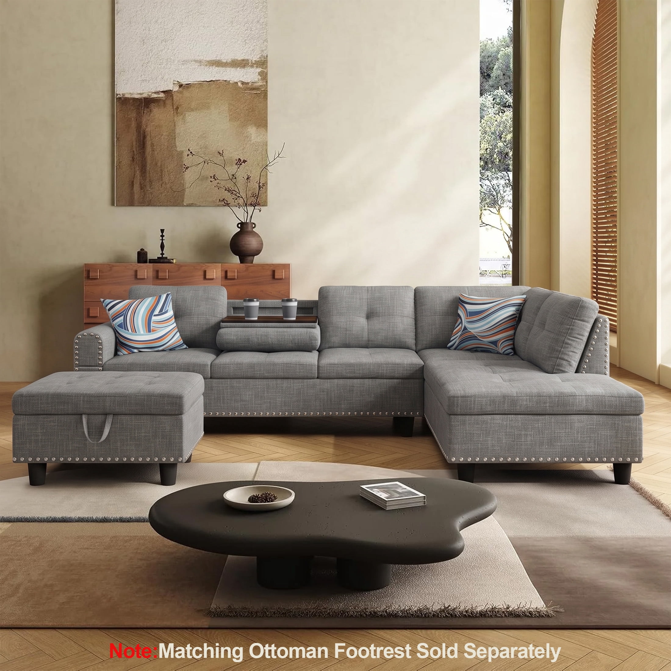 AENKYO 98" L-Shaped Sectional Sofa with Reversible Chaise and Cup Holders, Linen, Gray