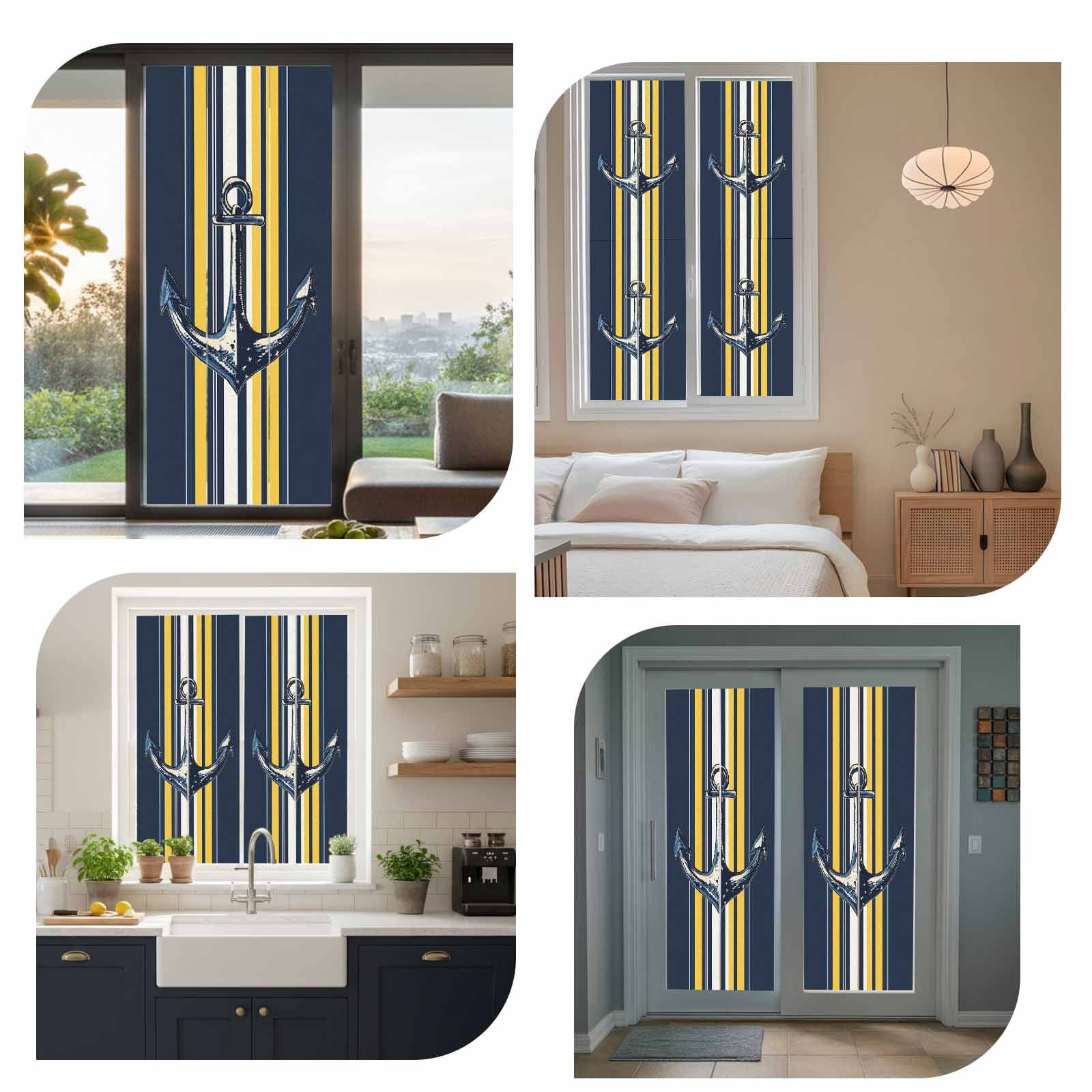 Vintage Anchor Window Privacy Film, Yellow Blue Striped Frosted Glass Window Clings Static Cling UV Heat Blocking Reusable Door Sticker for Bathroom 23.6 x 59 Inch