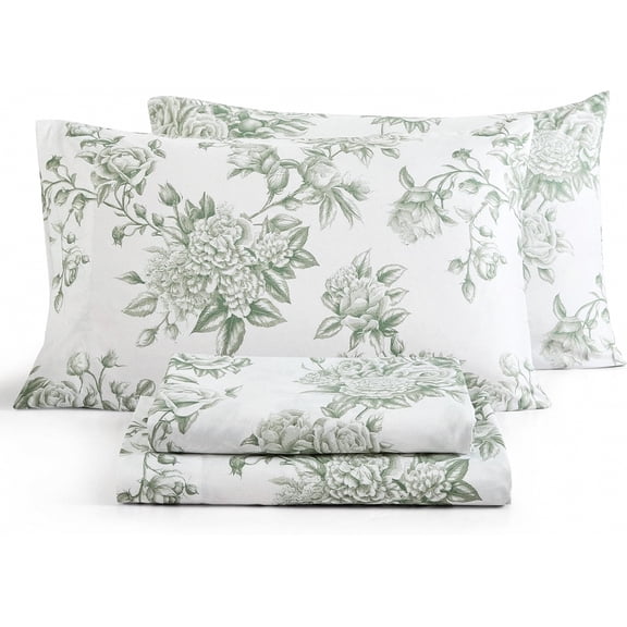 Elegant Sage Green Floral Queen Bed Sheet Set – 4 Piece Ultra Soft Bedding