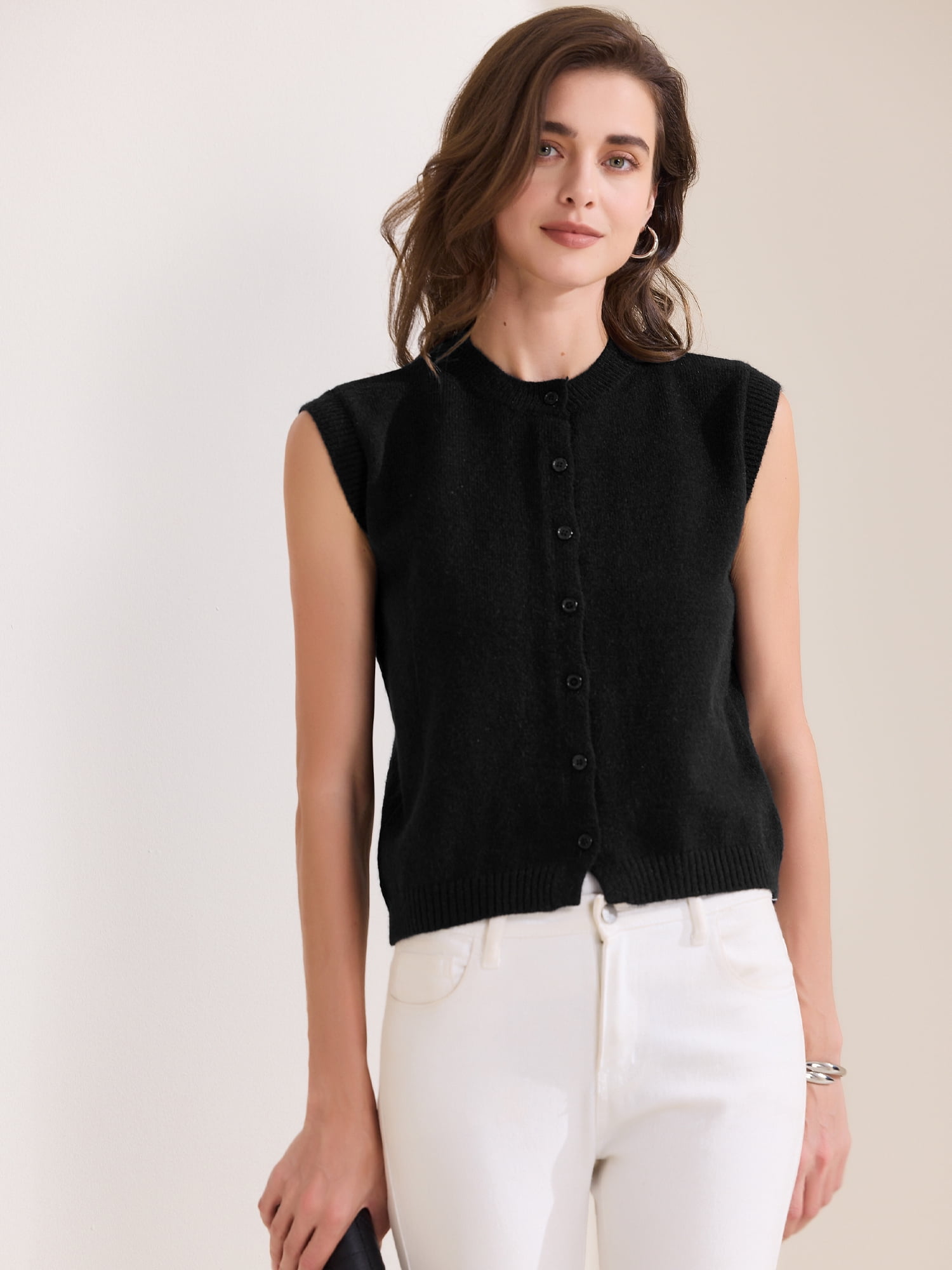 DARING DIVA Women's Button Down Crochet Chunky Knit Sweater Vest S Black
