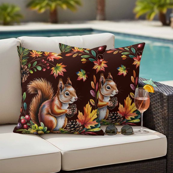 Colorful Squirrel Outdoor Pillow Covers 20x20 Inch Throw Pillow Covers Set of 2 Waterproof Decorative Pillow Cases Brown Botanical Berry Pine Cones Cushion Covers for Patio Furniture Garden Couch