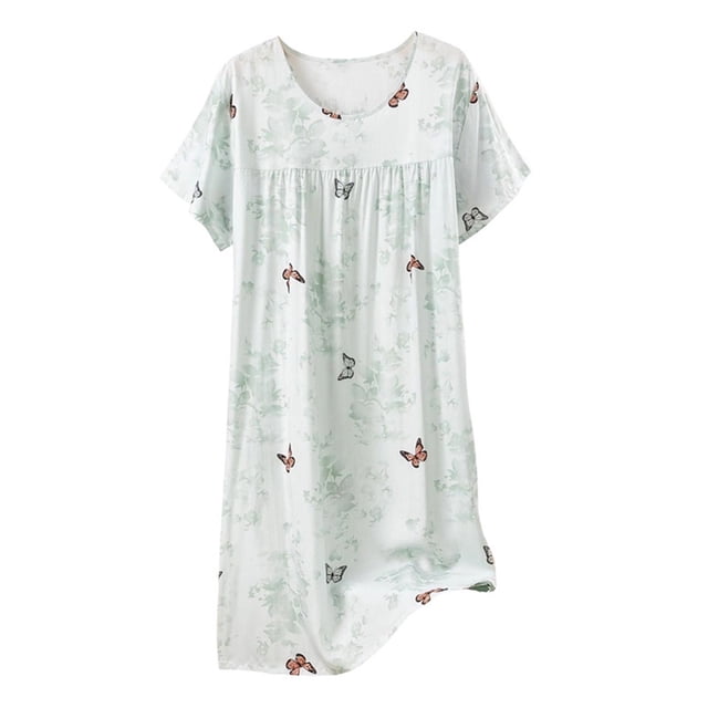 Chemise de Nuit pour Femmes, Manches Courtes à Col Rond Imprimé, Robe d'Allaitement, Rayonne Spandex Douce, Robe de Détente Longueur Genou
