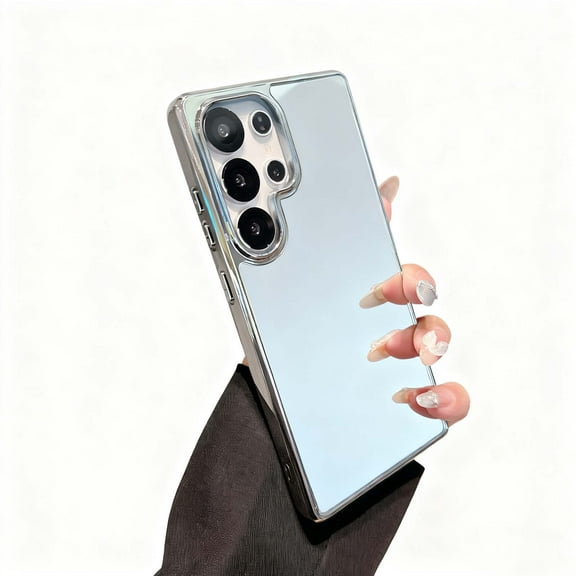 For Samsung Galaxy S25 Ultra Mirror Phone Case,for Women Girls,Makeup Cute Luxury Glossy Mirror Back,Ultra Slim Shockproof Anti-fall Drop Protection,Electroplated Frame Design,Rugged Case,Silver