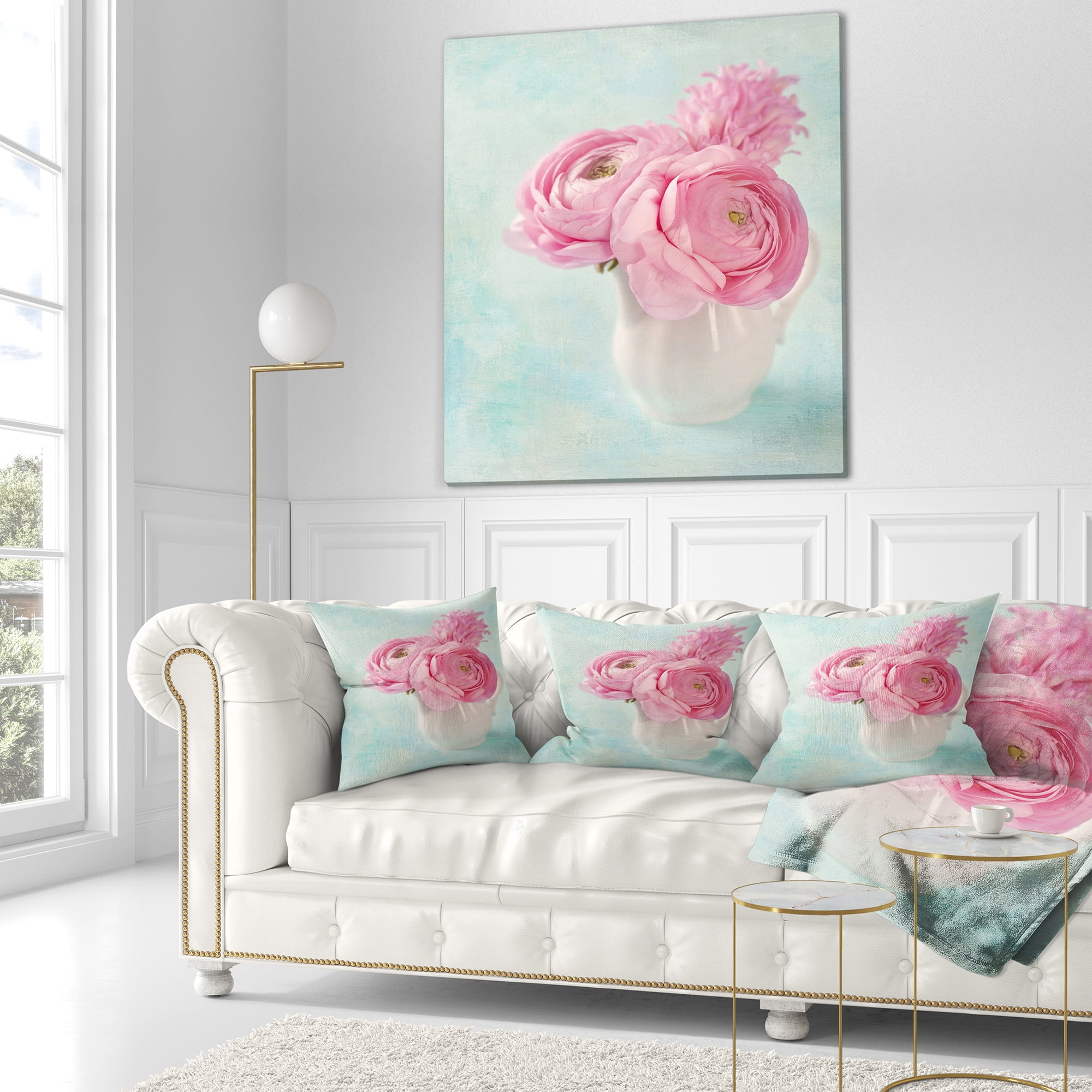 Designart Pink Ranunculus Flowers in Vase - Floral Throw Pillow - 16x16