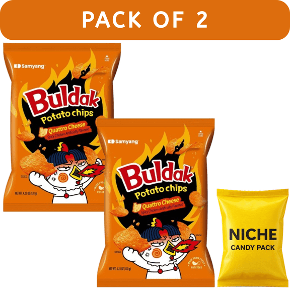 Samyang Buldak Quattro Cheese Potato Chips – 0.26lb(2 Pack) – Cheesy Fiery Crunch Snacks   Complimentary Candy Pack