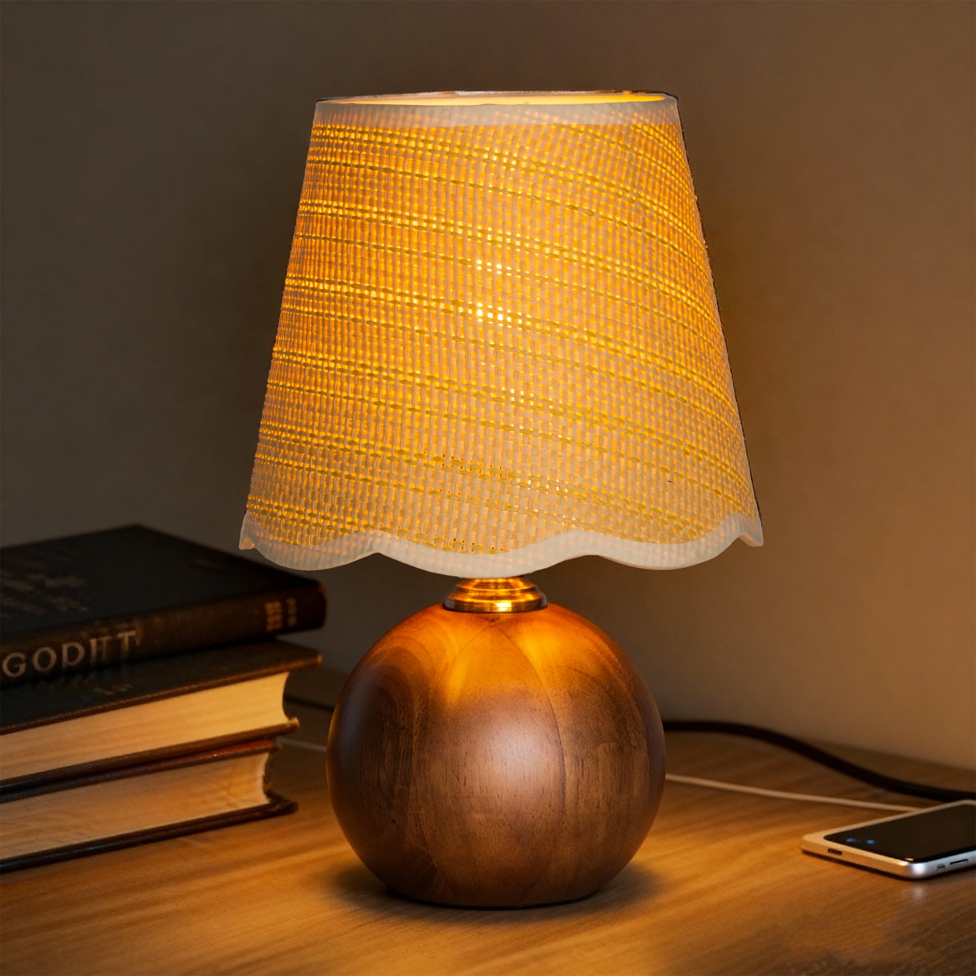 URLIGHTS Table Lamp with Wooden Base Fabric Lampshade,Desk Bedside Small Lamps with 6ft Power Cord, 110V Plug, Dimmable E26 Socket (Bulb Included) for Living Room Night Stands Bedroom