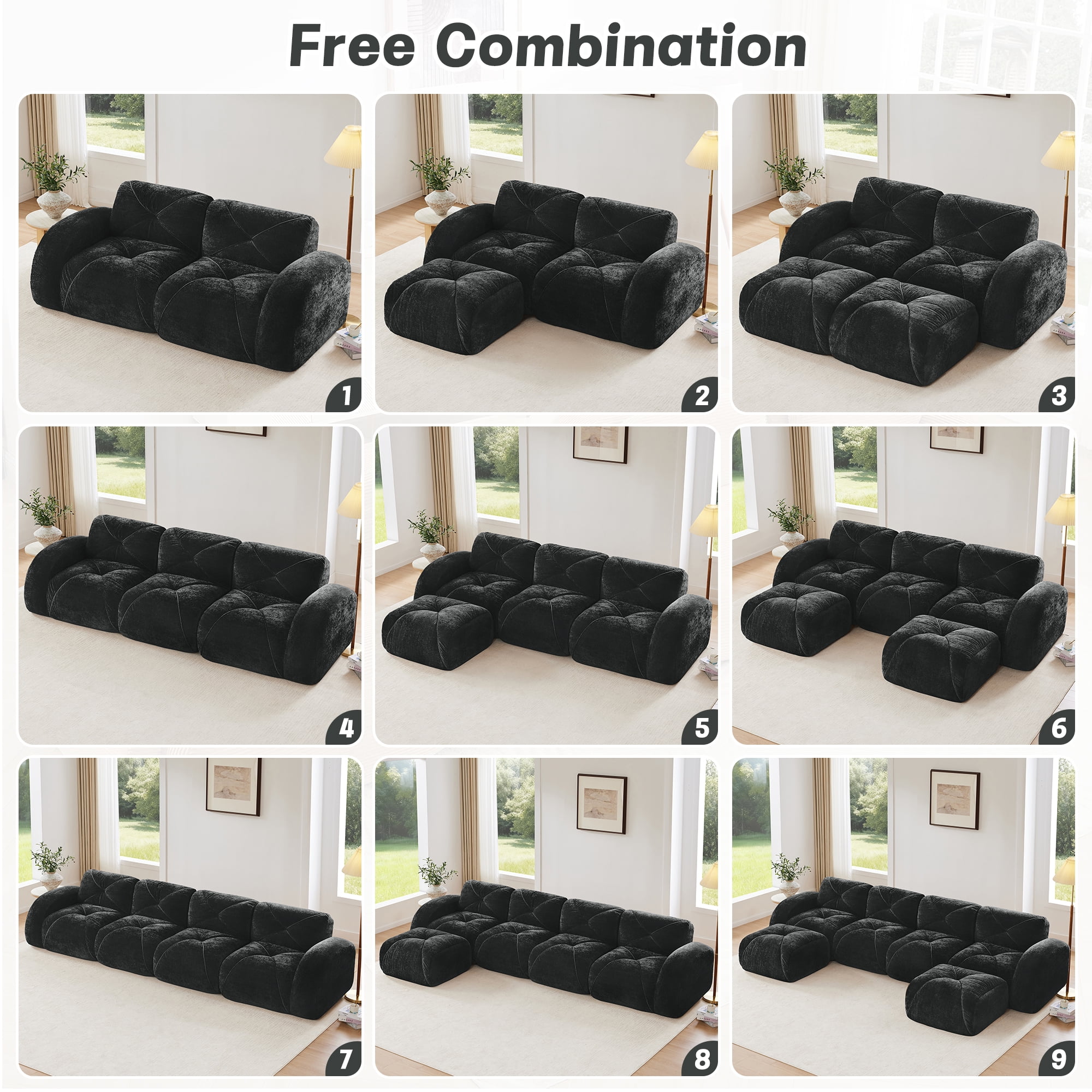 Aukfa 80" Velvet Modular Sectional Sofa, 4-Piece Boneless Living Room Couch with 2 Ottomans, Black