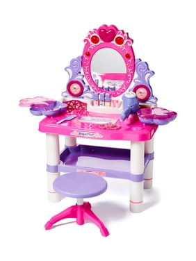 Princess Vanity Girl's Children's Pretend Play Dressing Table Battery Operated Toy Beauty Mirror Vanity Playset w/ Accessories