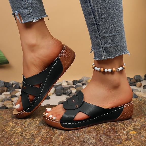 EKVAHL Orthopedic Sandals for Women with Arch Support Wedge Heel Sandals Open Toe Plantar Fasciitis Feet Slippers Comfortable Casual Wedge Slides