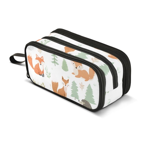 FORMRS Pencil Case with 3 Compartments Zipper Pouch, Elementary School Level and up, Cartoon Fox Pattern