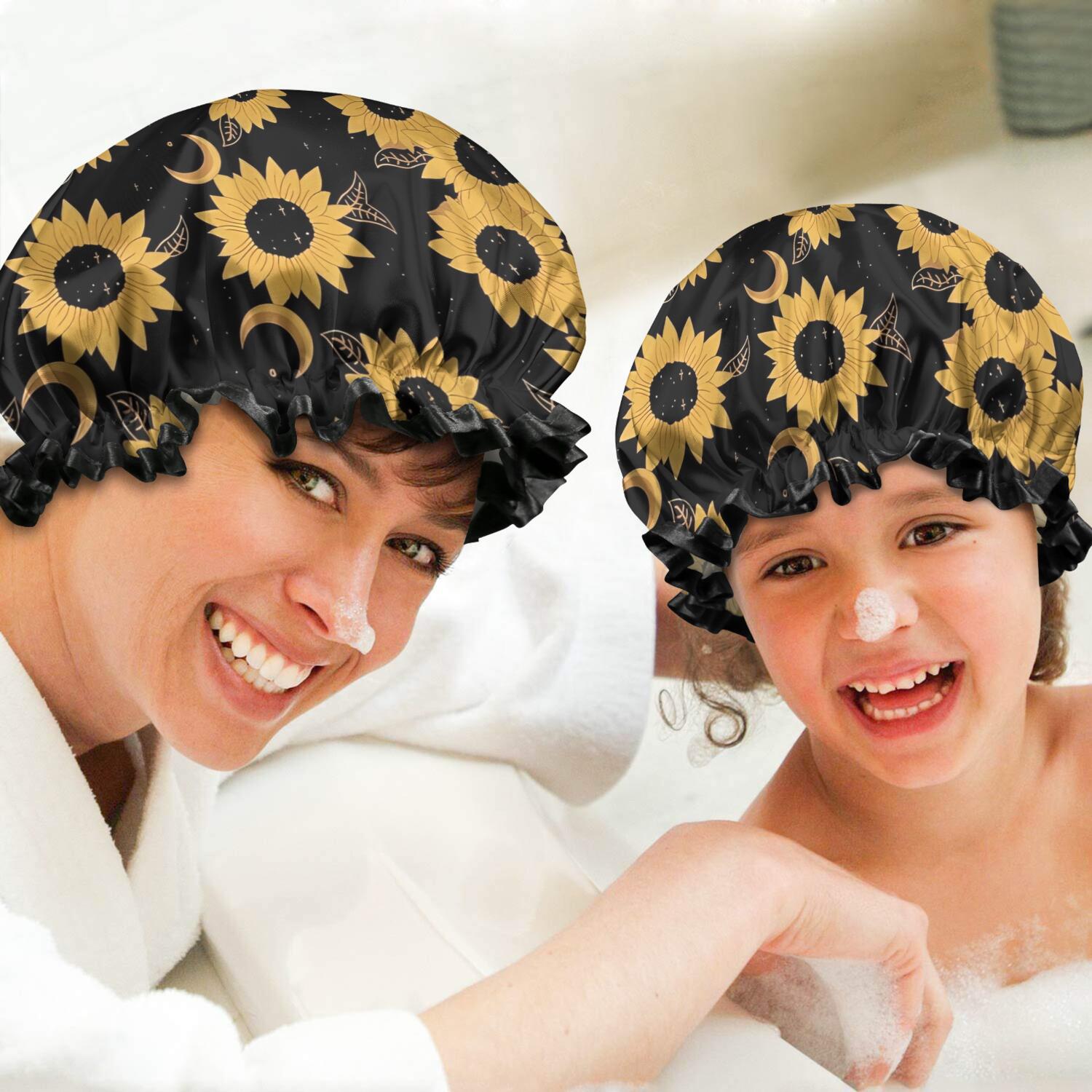 Shower Caps,Black Moon Sunflower Pattern Waterproof Shower Cap for Women 4 Pieces,Double Reusable Hair Cover for Shower PEVA Elastic Stretch Hem